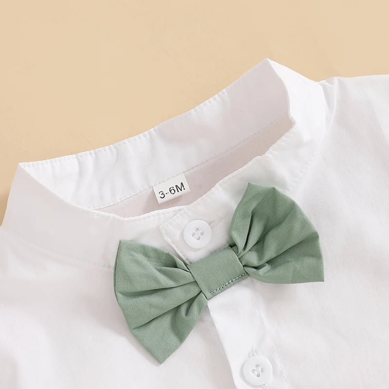 2024-12-04 Lioraitiin Summer Toddler Boys Clothes Set Gentleman Outfit Solid Color Short Sleeve Romper with Suspender Shorts Set