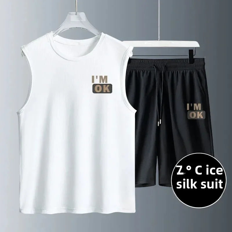 Men's Clothing Fashion Breathable Fitness Sports Quick Drying Tank Top + Sweatpants Two-piece Sets  Tracksuit Men