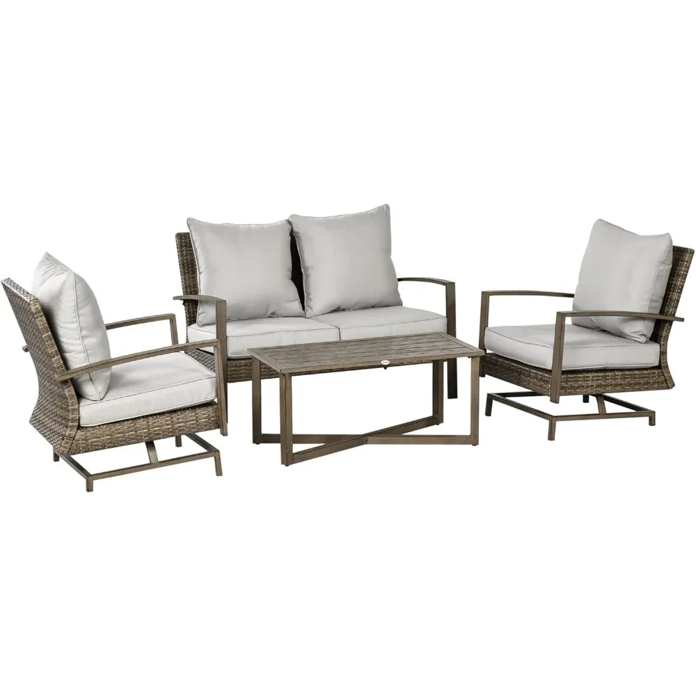 4 Piece Wicker Patio Furniture Set with 2 Rocking Chairs, Loveseat Sofa, Outdoor PE Rattan Conversation Set with Cushions