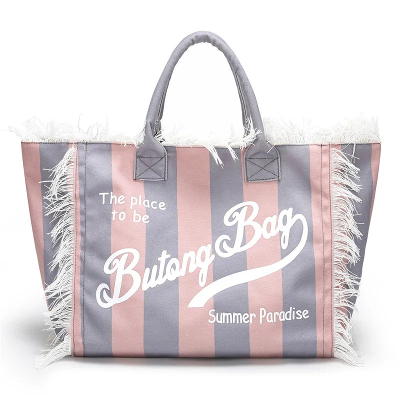 Tassel Tote Bag Handbags Womens Bags for Women Canvas Bag Large Capacity Leisure Travel Striped Grid Handmade Tassel Handbag