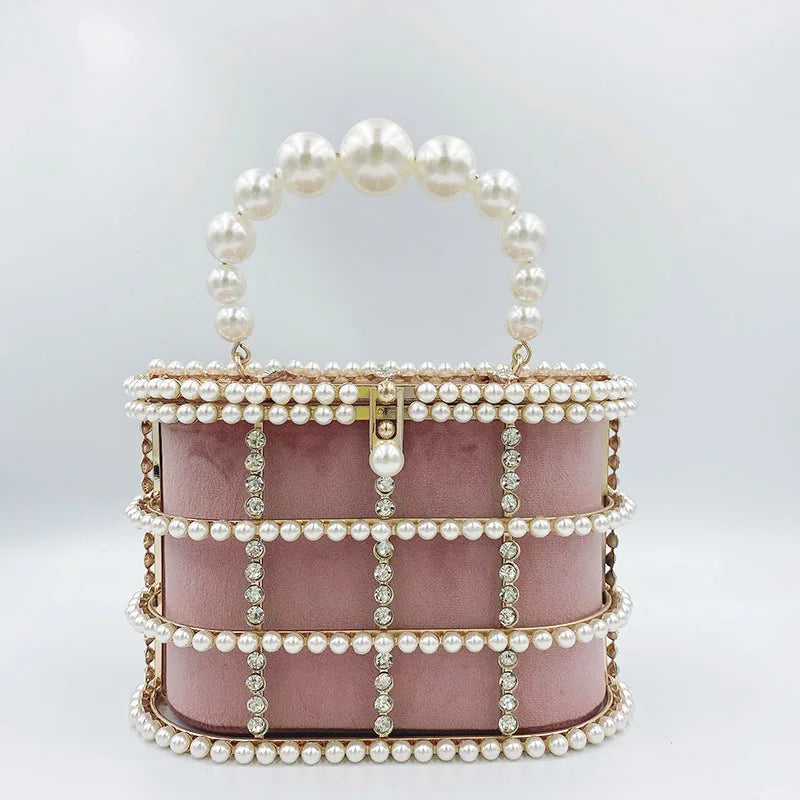 Metallic Evening Bag Pearl Hollow Out Womens Bags Luxury Design Rhinestone Diamond Dinner Bags For Party Wedding Handbags