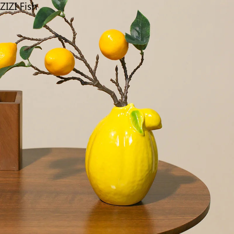 Creative Lemon Ceramic Vase Desk Decoration Artificial Flower Decorative Flowers Arrangement Floral Vases Room Aesthetic Decor