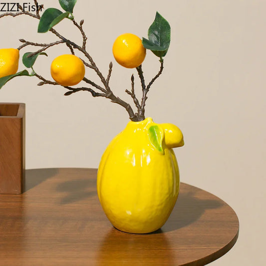 Creative Lemon Ceramic Vase Desk Decoration Artificial Flower Decorative Flowers Arrangement Floral Vases Room Aesthetic Decor