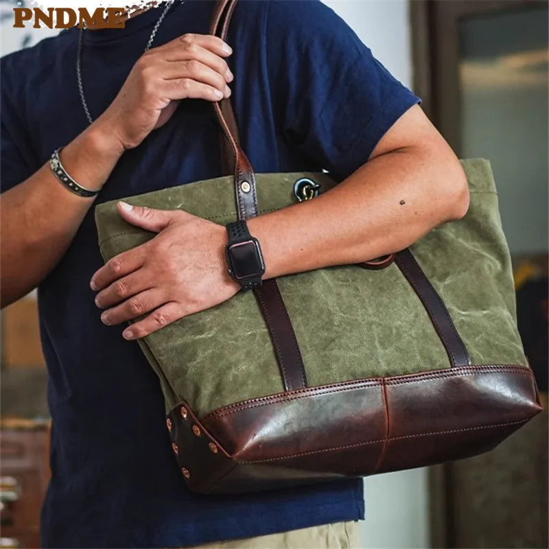 PNDME Designer High Quality Canvas Genuine Leather Men's Women's Tote Bag Fashion Retro Luxury Work Handbag Outdoor Shoulder Bag