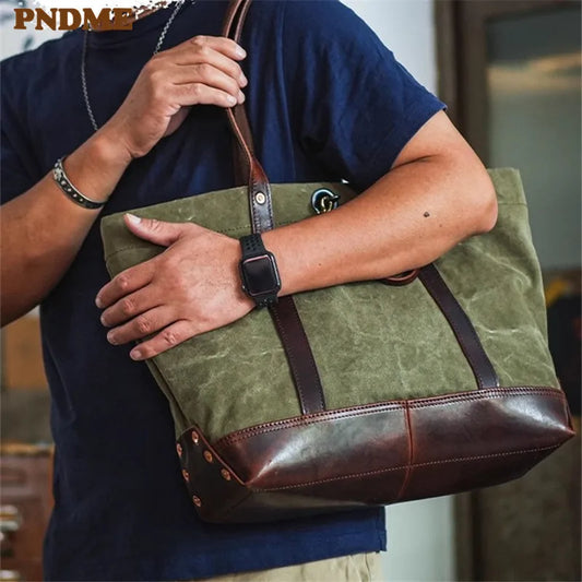 PNDME Designer High Quality Canvas Genuine Leather Men's Women's Tote Bag Fashion Retro Luxury Work Handbag Outdoor Shoulder Bag
