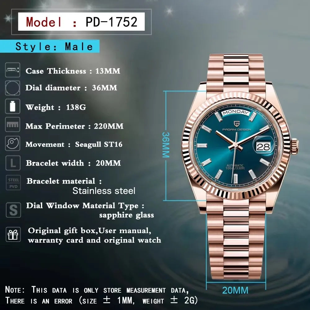 PAGANI DESIGN DD36 Men's Watches Rose Gold Luxury Automatic Watch For Men Mechanical Wristwatches Sapphire Mirror Clock Gift Man