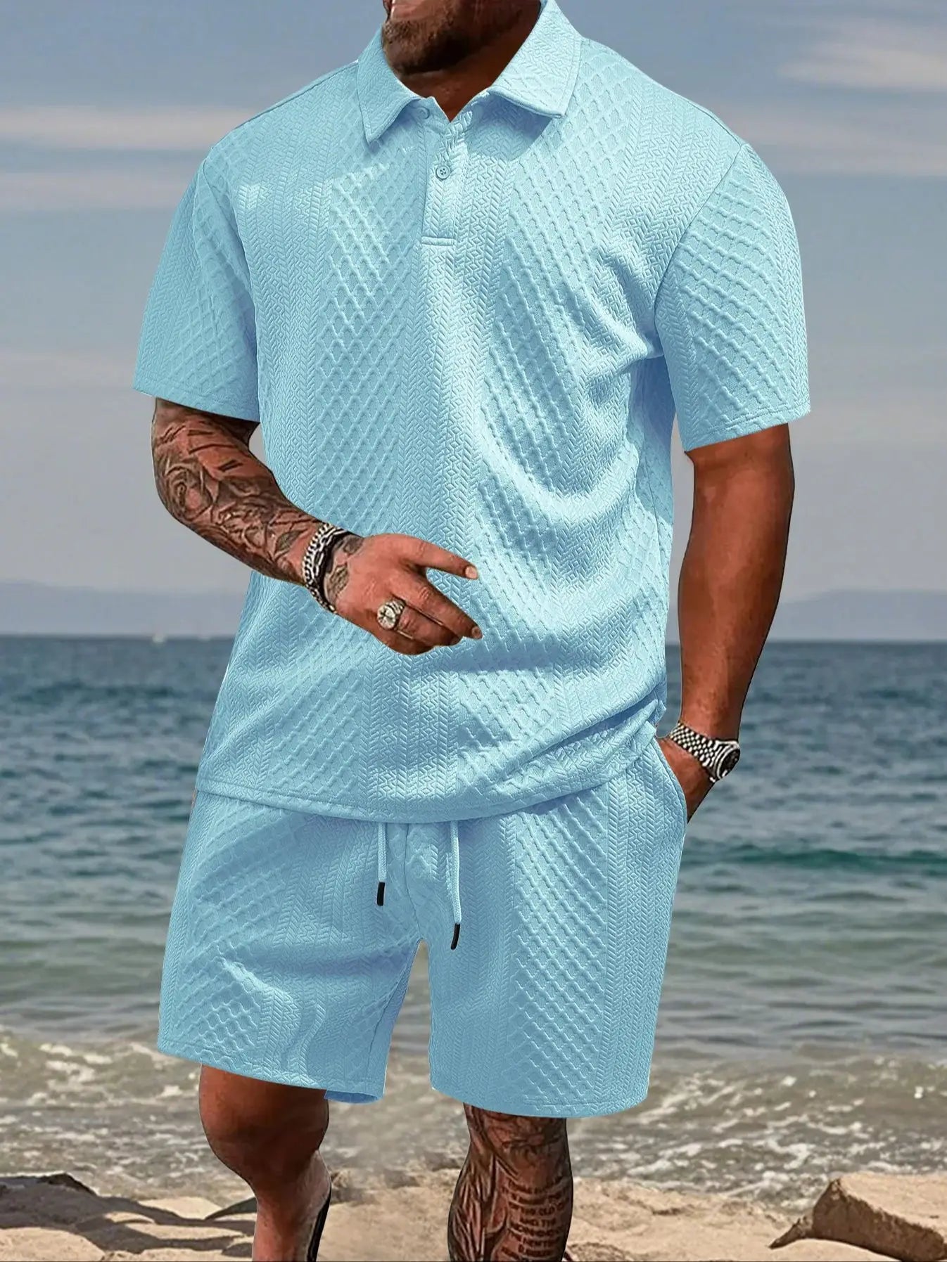 Cross-Border Men's Clothing Summer European and American New Jacquard Cloth Men's Casual Sports Thin Lapel Polo Shirt Short-Sleeved Suit Fabric Breathable and Comfortable Perfect for Daily Wear