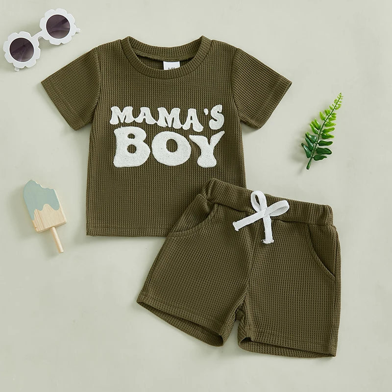 Toddler Baby Boy Summer Outfit Letter Embroidery Short Sleeve T-shirt Solid Shorts Waffle Knit Set