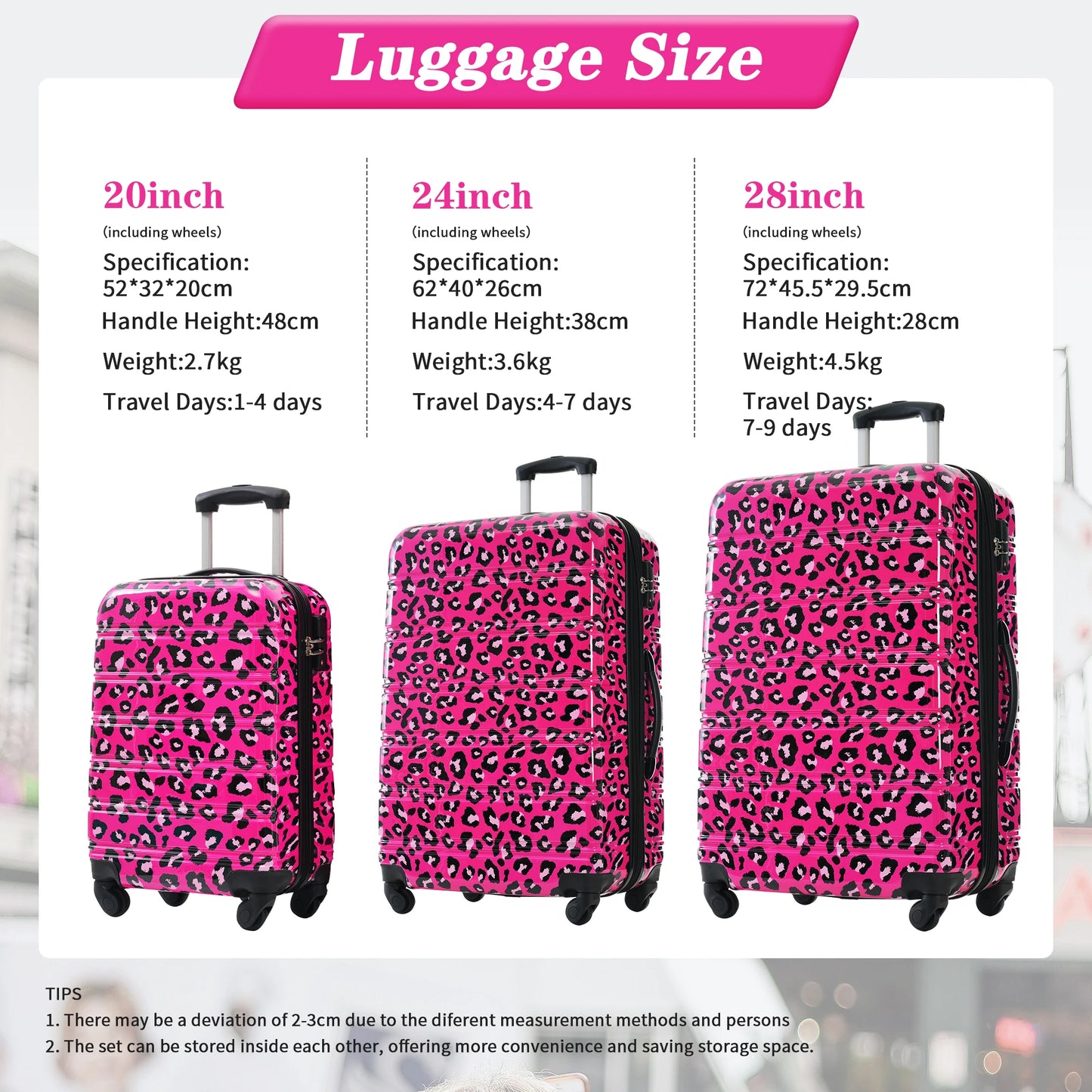 Hardshell Luggage Sets 3 pcs Spinner Suitcase with TSA Lock Leopard Lightweight -20"+24"+28" Luggages