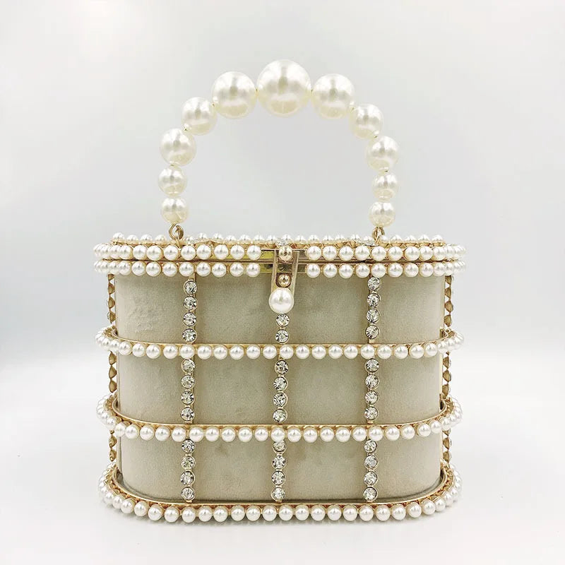 Metallic Evening Bag Pearl Hollow Out Womens Bags Luxury Design Rhinestone Diamond Dinner Bags For Party Wedding Handbags