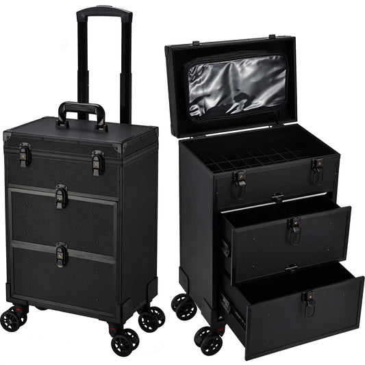 Professional 3 in 1 Rolling Makeup Case on Wheels 2 Large Drawer Nail Trolley Traveling Cosmetic Train Case with Makeup Pouch