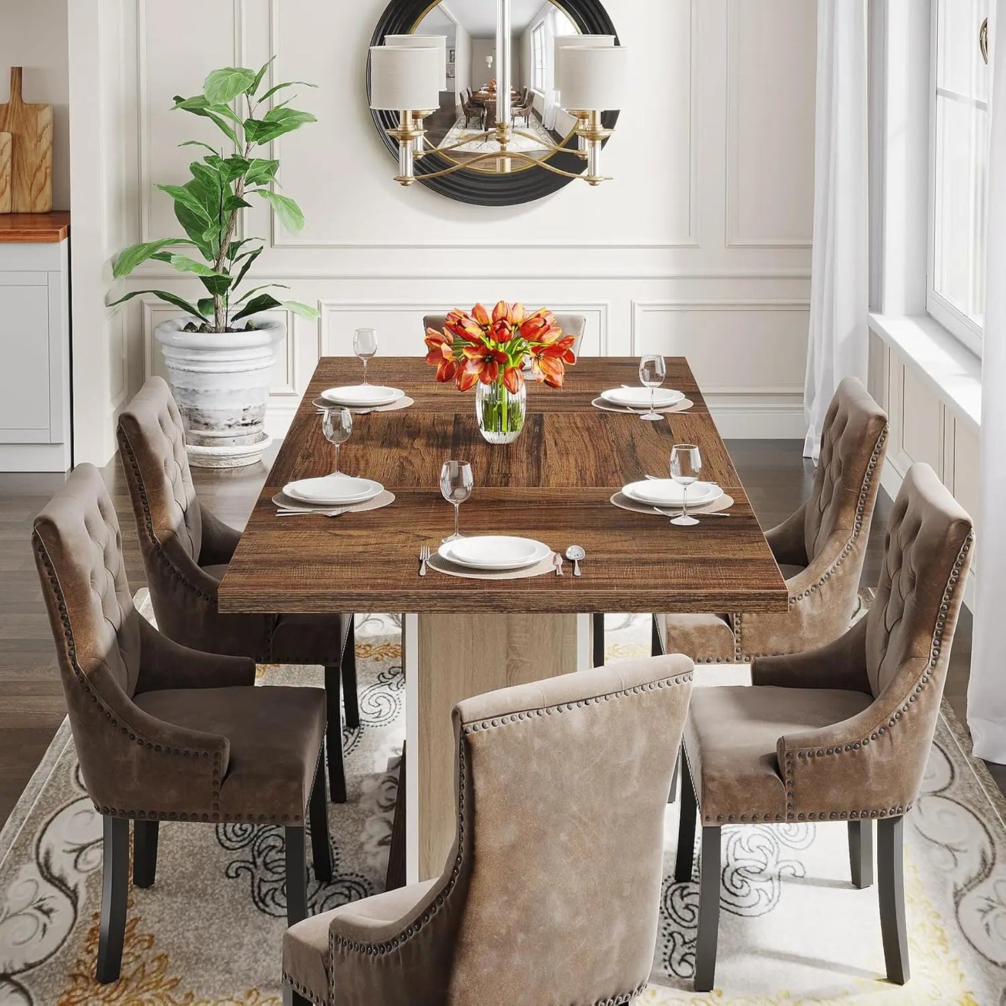 55" Rectangular Dining Table for 4 to 6 People, Farmhouse Wood Dinner Table for Kitchen, Dining Room & Living Room, Oak Brown