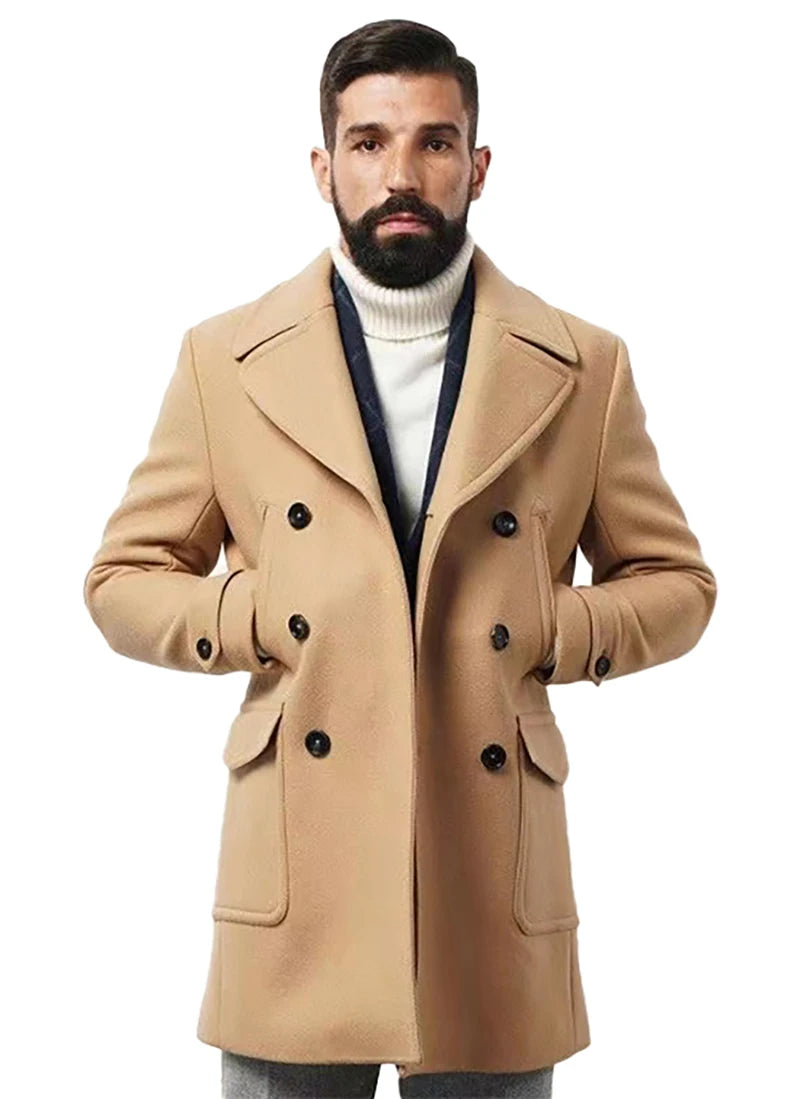 Cross border new British style men's mid to long length long sleeved coat for autumn and winter men's warm jacket