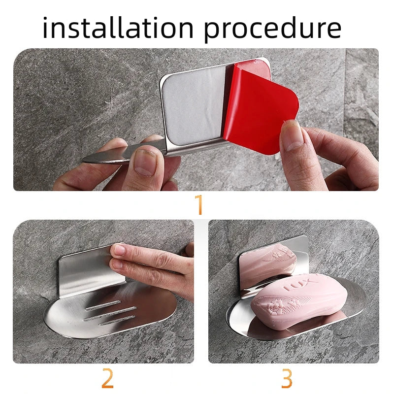 Bathroom Soap Storage Rack Stainless Steel Shower Soap Dish Holder Self-adhesive Wall Sponge Storage Shelf for Kitchen Organizer