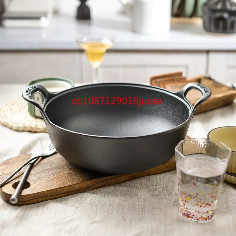 Cast iron pot, thickened double ear stew pot, soup pot, household small stir fry pot, uncoated non stick flat bottomed pan