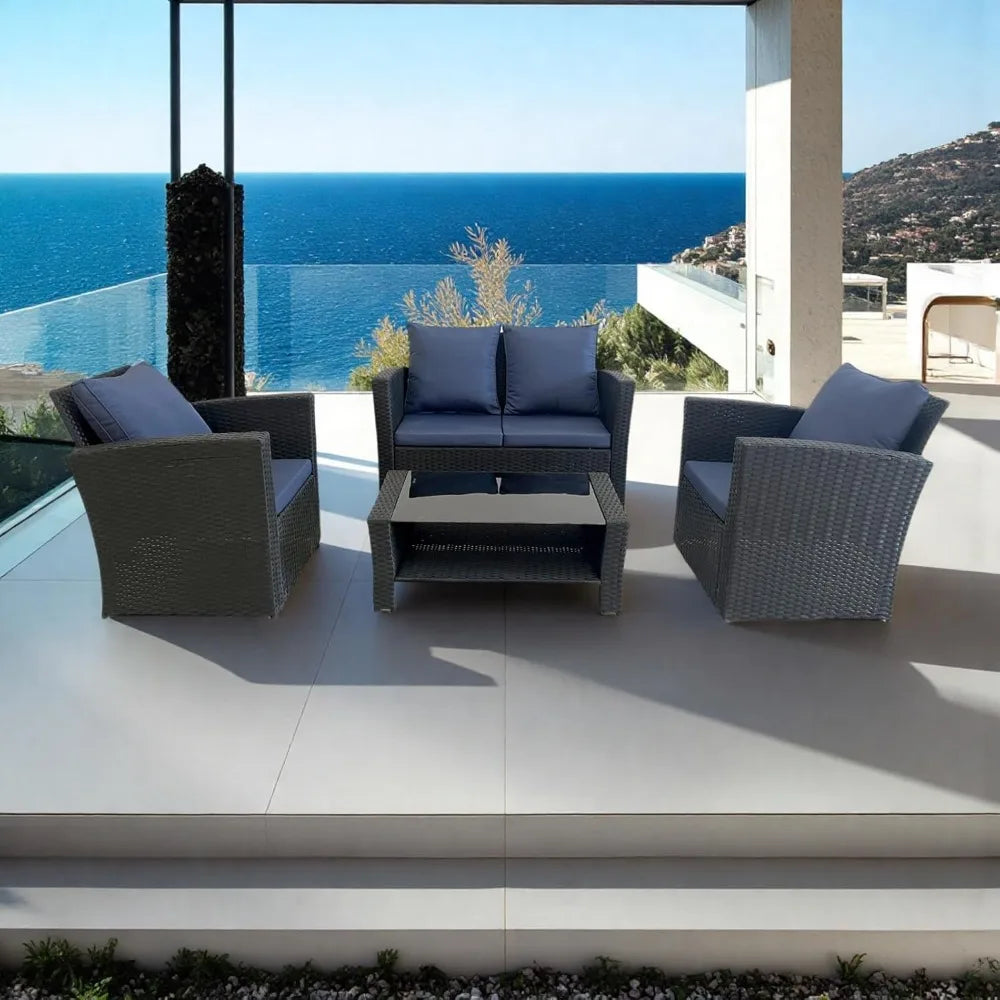 Patio Furniture Set, All-Weather Wicker Sectional Conversation Set with Tempered Glass Table & Cushioned Sofa,Outdoor Sofa