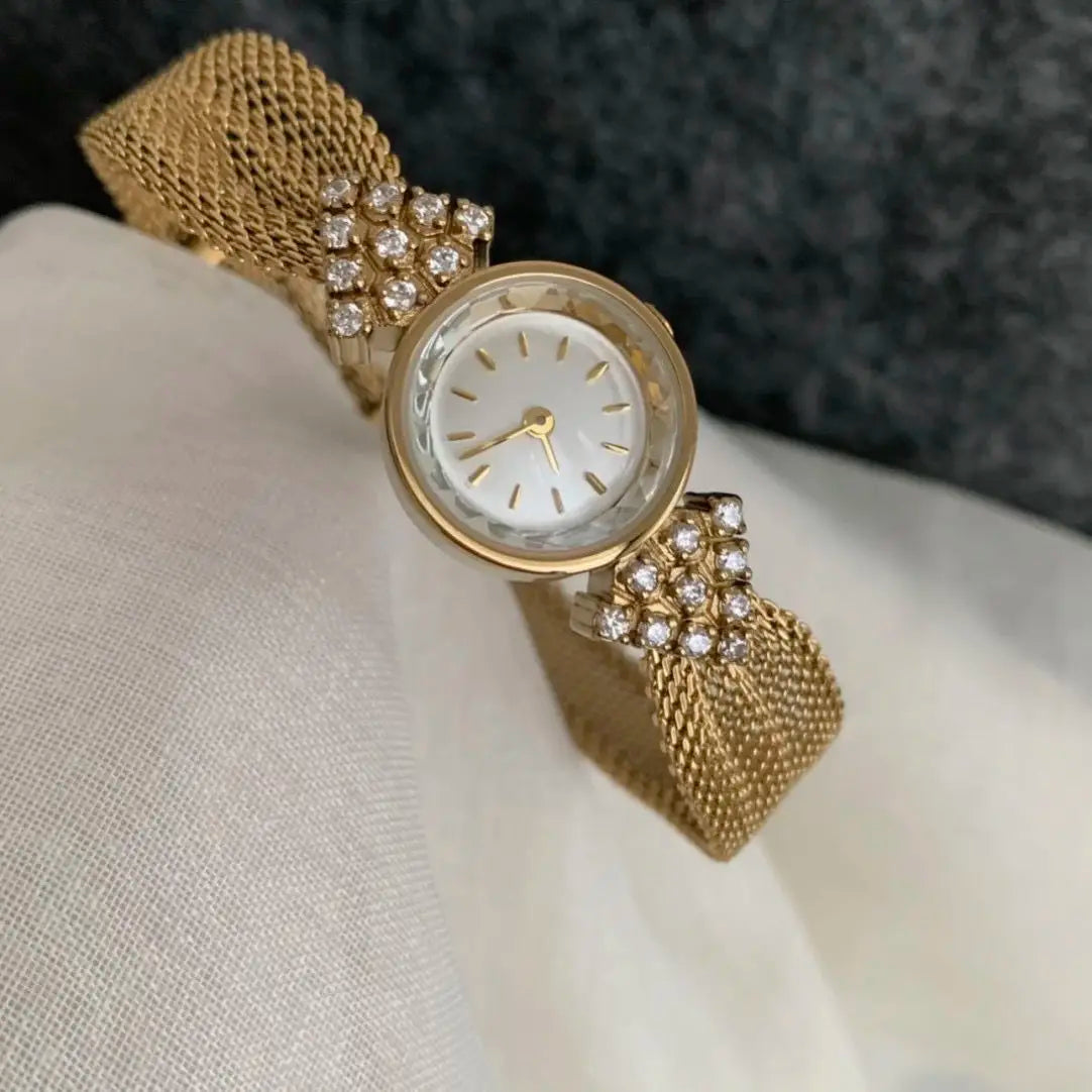Vintage New gold pearl  women's watches bracelet Retro  Diamond luxury party accessories steel Japanese Movement