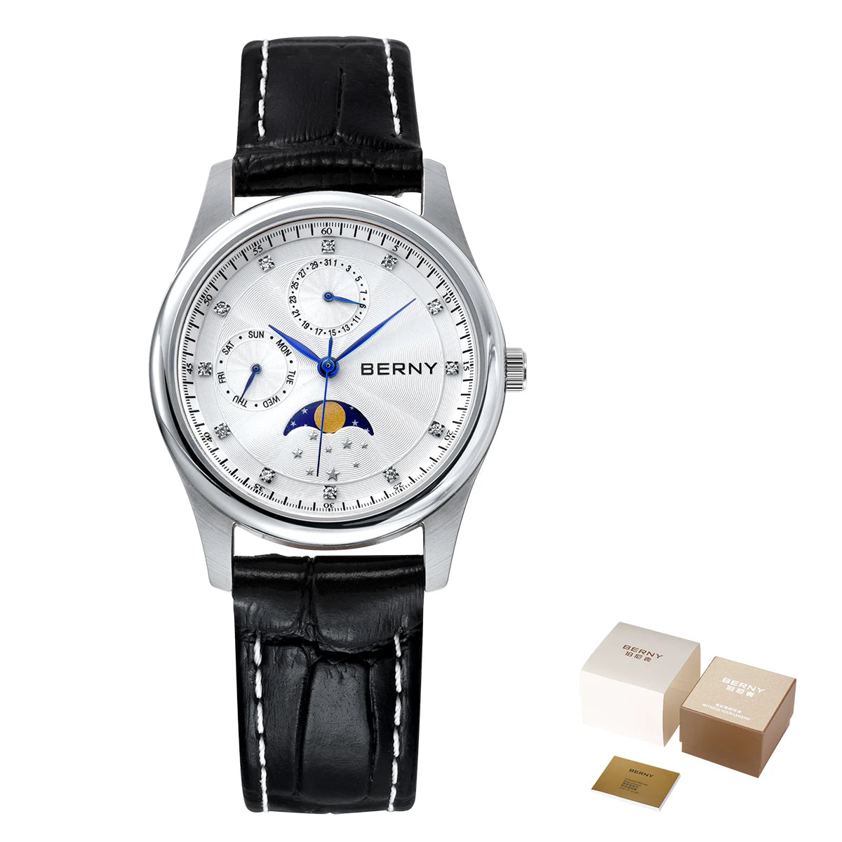 BERNY Watch for Women Calendar Date Week Moon Phase Quartz Women's Watches Leather Strap Elegant Casual Ladies Girl Wristwatch