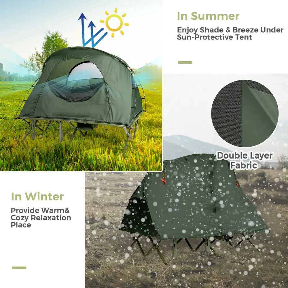 2-Person Outdoor Camping Tent Cot Compact Elevated Tent Set W/ External Cover