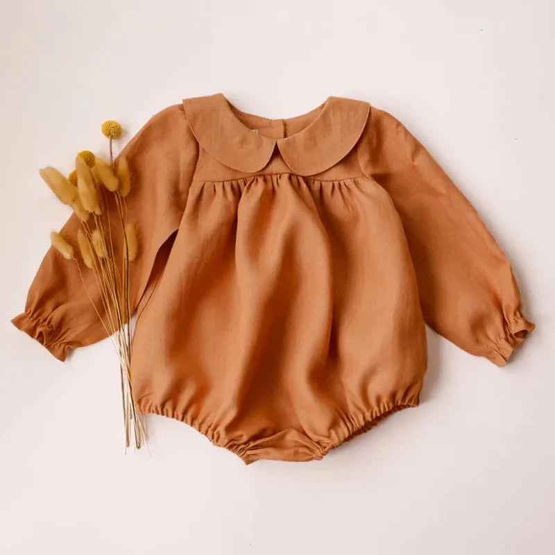 Baby Girl Clothes Solid Color Long Sleeve Baby Clothing Jumpsuits 0-24M 100% Cotton Linen Newborn Baby Girl Rompers