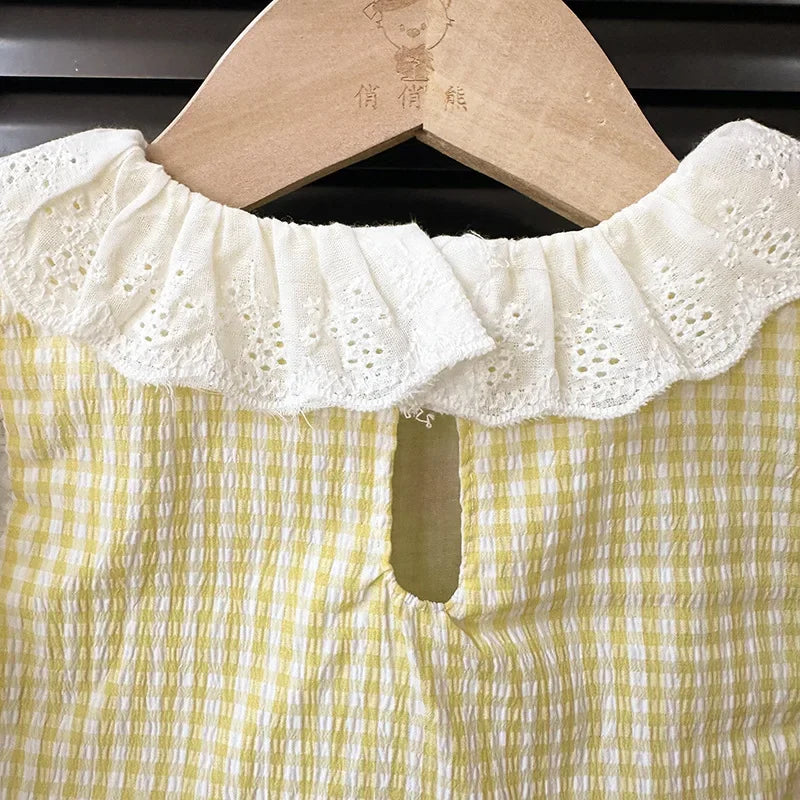 0-24M Baby Girl Summer Romper Dress Cotton Cartoon Duck Embroidery Lace Gingham Princess Sleeveless Sweet Baby Clothes