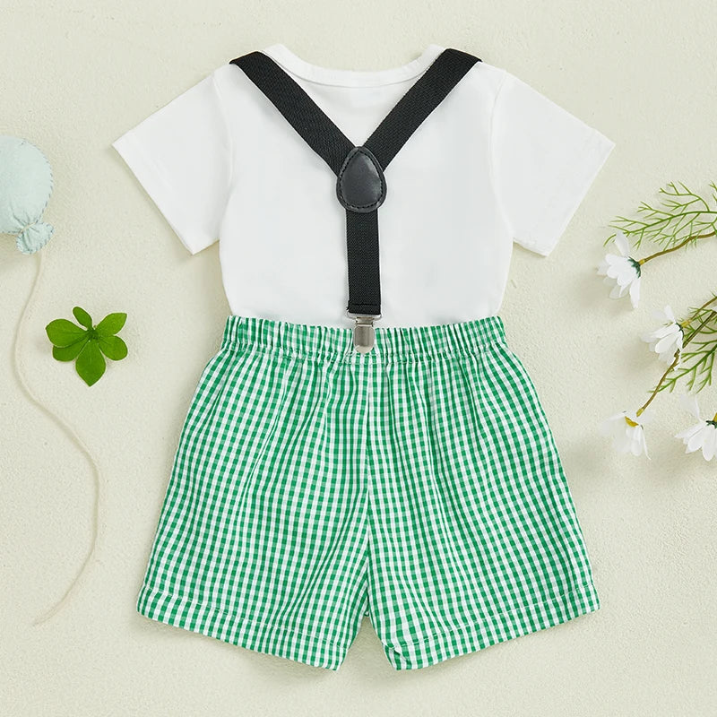 Lioraitiin Summer Baby Boys First Birthday Outfit Short Sleeve Duck Romper with Plaid Leaves Print Overall Shorts Outfit