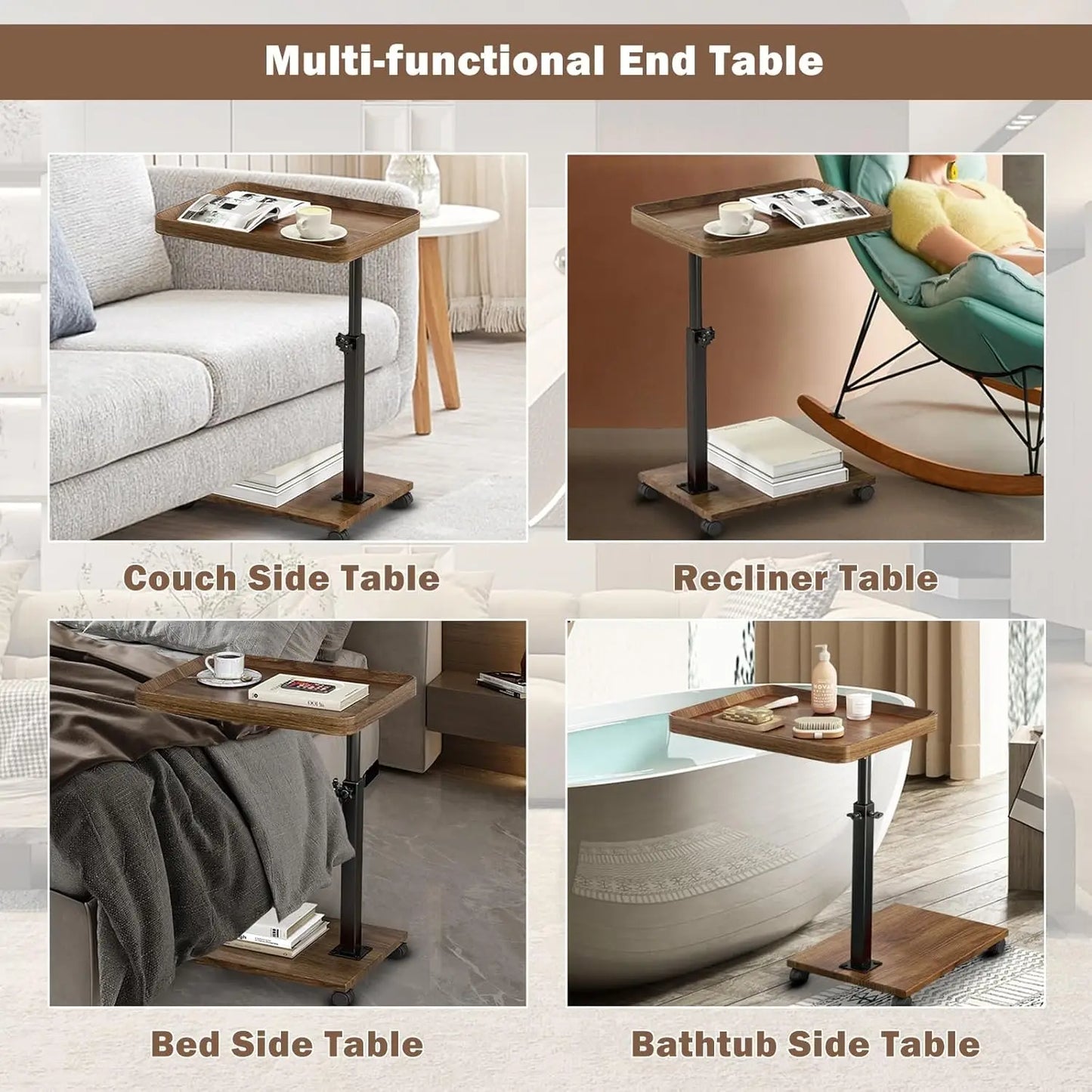 Side Table for Living Room, Bedroom Bedside TableMobile Coffee Table, C-shaped Sofa Side Cabinet, Simple Small Square Table