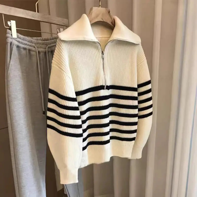 Women's Turtleneck Loose Lapel Striped Knitwear sweater Women Pulovers New Simplicity Half Zipper Casual Women's sweatshirt 2025