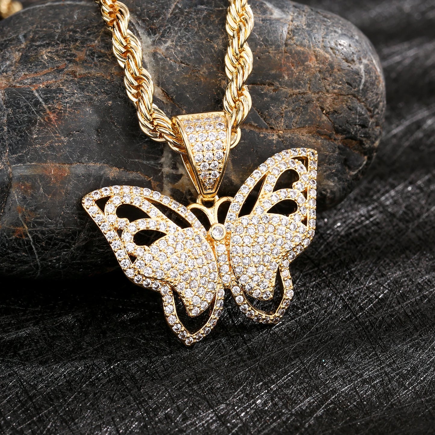 14K Gold Plated Brass Butterfly Pendant Necklace with Zircon Stones Elegant Minimalist Jewelry for Women Trendy Accessories