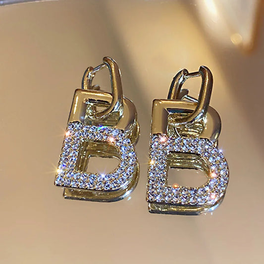 New 2022 Popular 14K Glog Plated Letter B Dangle Earrings Women's Statement Jewellery Micro-Set Rhinestones Unusual Earrings