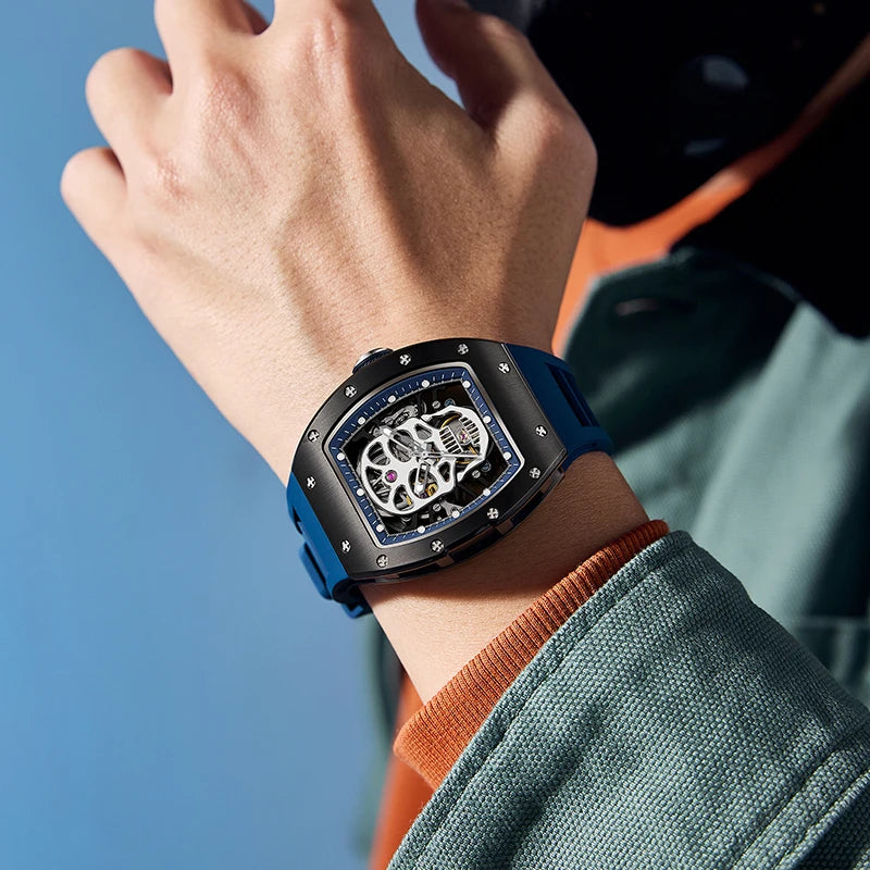 Fashionable Automatic Movement Mechanical Watch for Men Hollow Design High Quality Waterproof Mens Stylish Tonneau Rel
