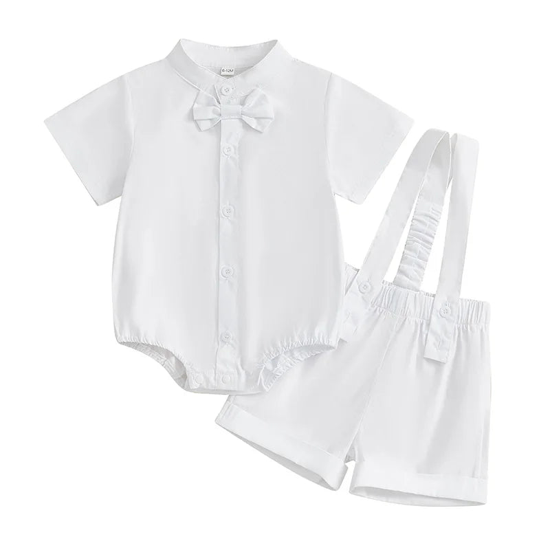 2024-12-04 Lioraitiin Summer Toddler Boys Clothes Set Gentleman Outfit Solid Color Short Sleeve Romper with Suspender Shorts Set