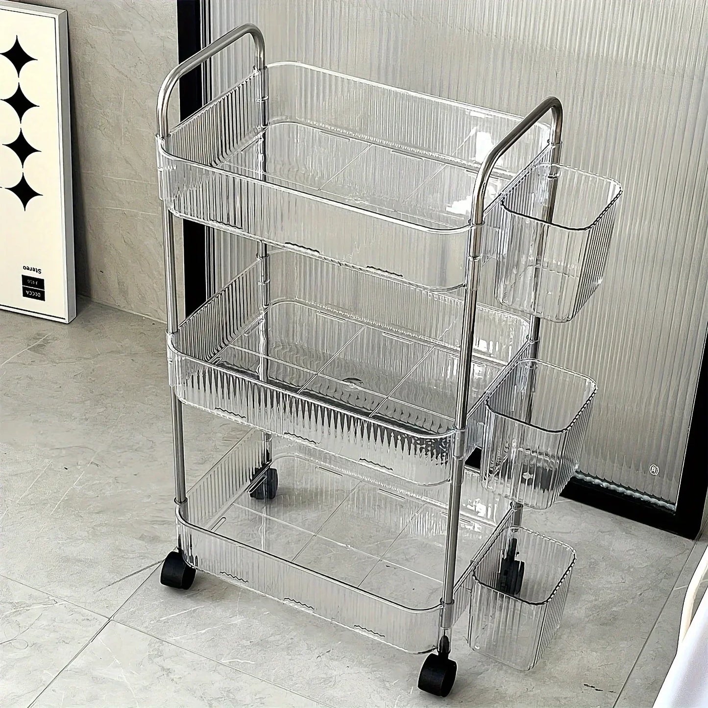 3 Tier Clear Storage Cart with Wheels - Multifunctional Rolling Organizer for Bedroom Living Room & Office