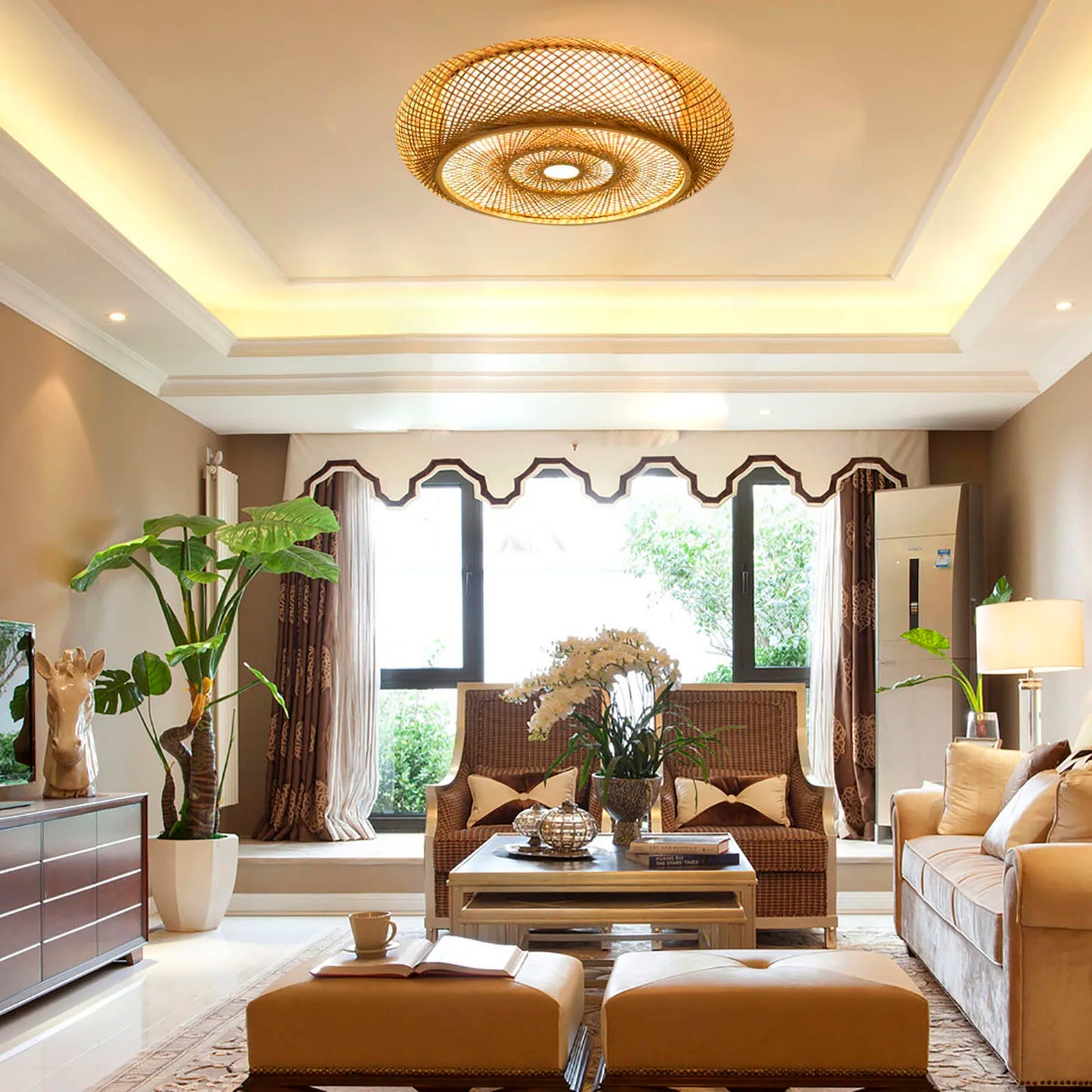 E27 Bamboo Flush Mount Ceiling Light Rustic Rattan Ceiling Fixture Hanging Lamp 3-Lamp 110V/220V 40/50cm (Bulb Not Included)