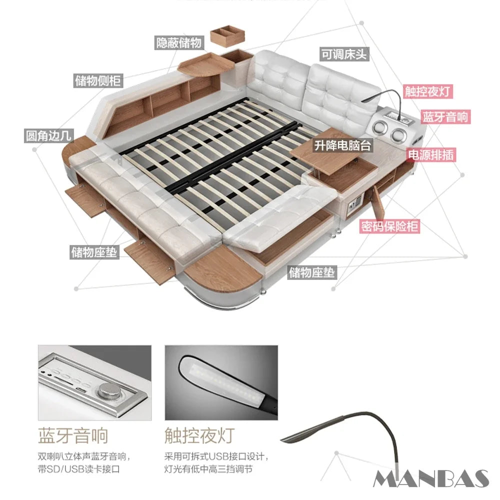 MINGDIBAO Tech Smart Bed Frame | Cloth Multifunctional Ultimate Bed with Tatami, USB and Speaker |  Fabric Upholstered Camas