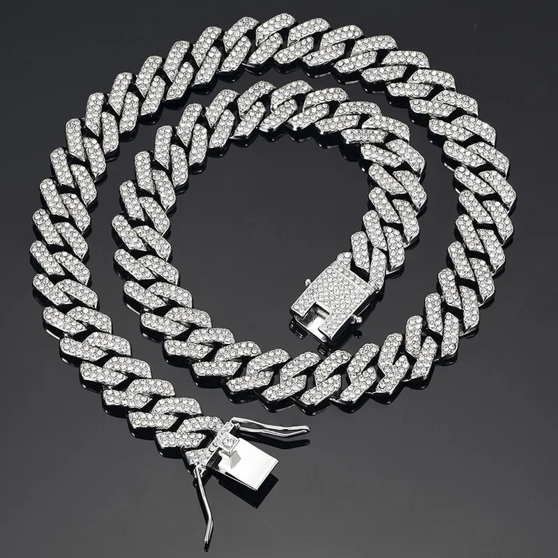 Hip Hop Shiny 15MM Cuban Link Chain Necklace Women Men Silver Color Rhinestone Iced Out Cuban Chain Punk Jewelry Necklace Gift