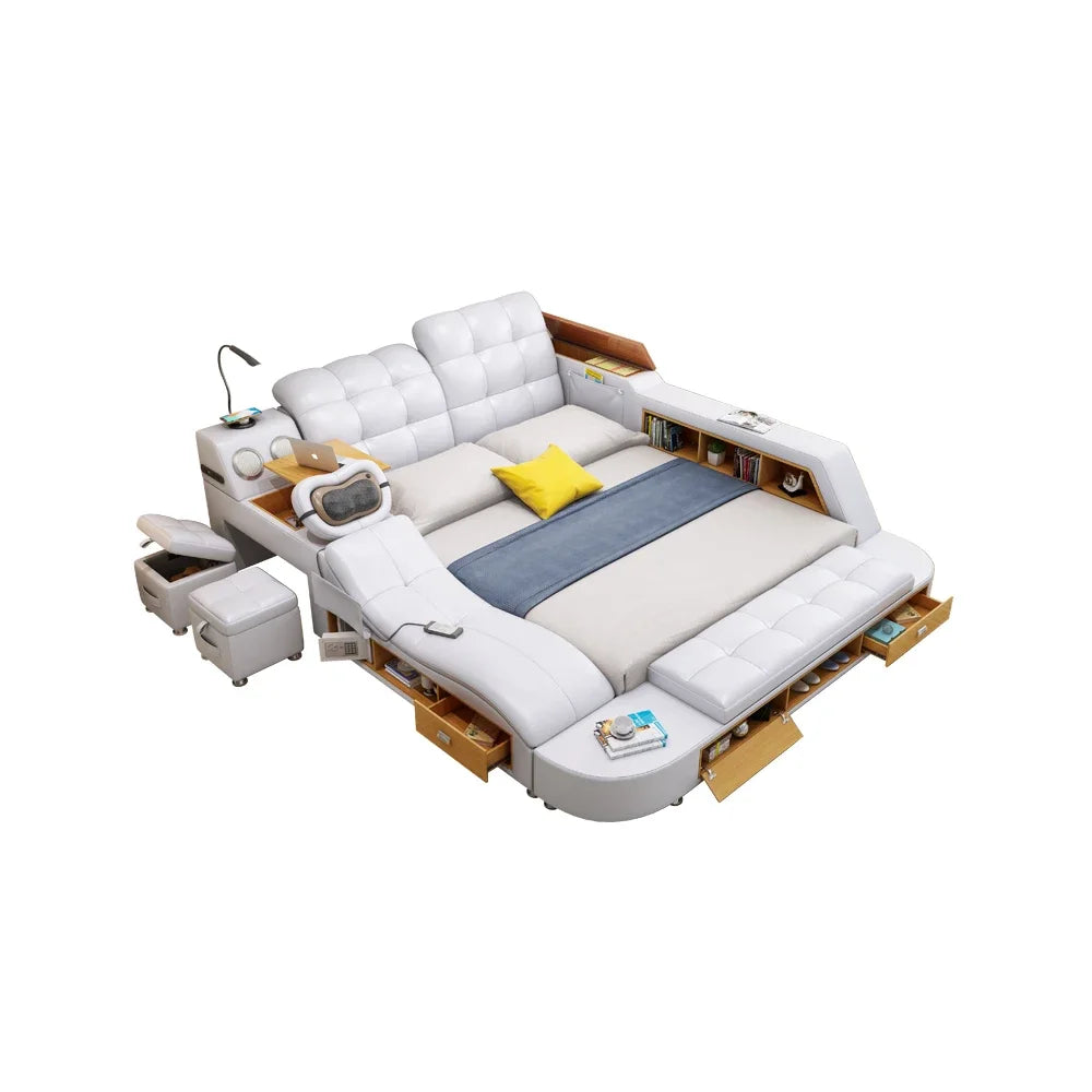 Genuine Leather Multifunctional Massage Bed Frame Nordic Tatami Camas Ultimate Bed Tech Smart Beds with Bluetooth Audio LED Lamp