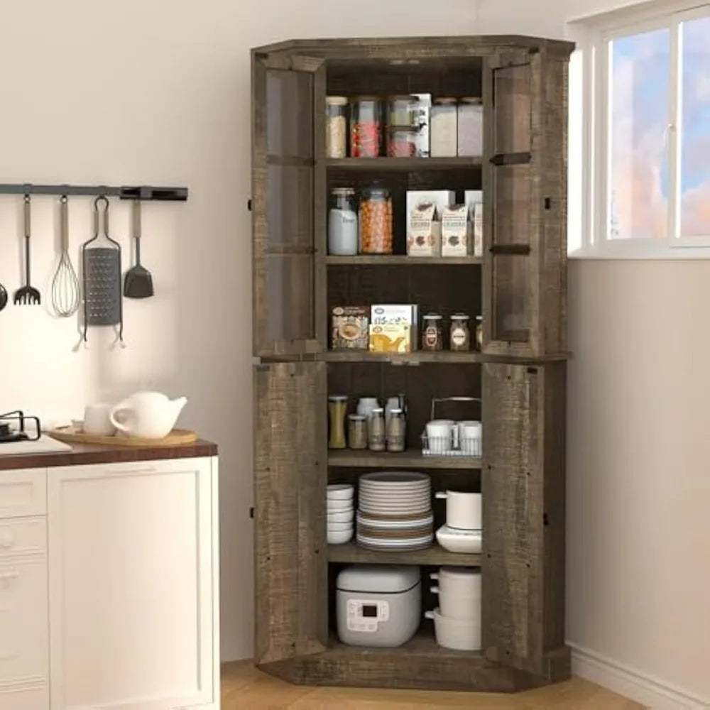 Corner Storage Cabinet, 67" Kitchen Corner Cabinet with Glass Doors, Farmhouse Tall Corner Display Cabinet with Adjustable Shelv