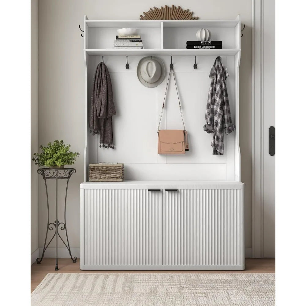 Tree with Bench and Shoe Storage,Morden Fluted Entryway Coat Rack with Shoe Bench Cabinet, Entryway Furniture