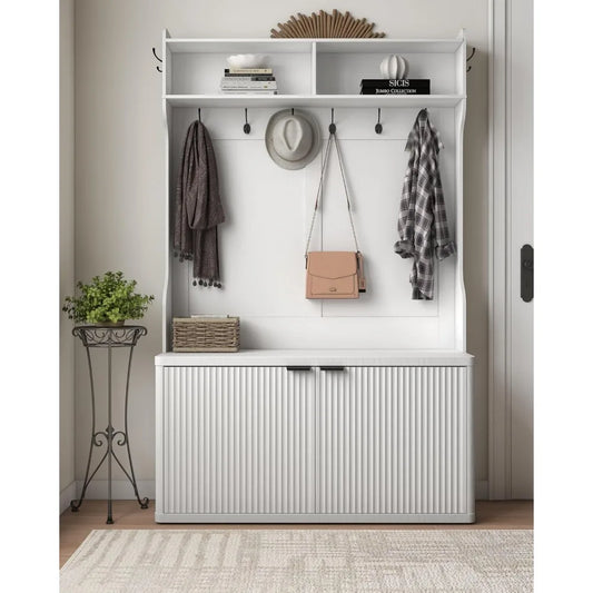 Tree with Bench and Shoe Storage,Morden Fluted Entryway Coat Rack with Shoe Bench Cabinet, Entryway Furniture