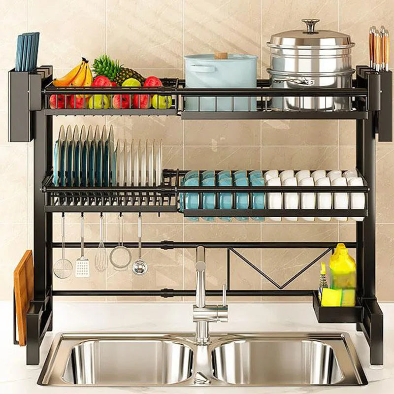 1pc countertop cutlery storage drainage rack expandable kitchen sink shelf bowl rack drain black kitchen organizer