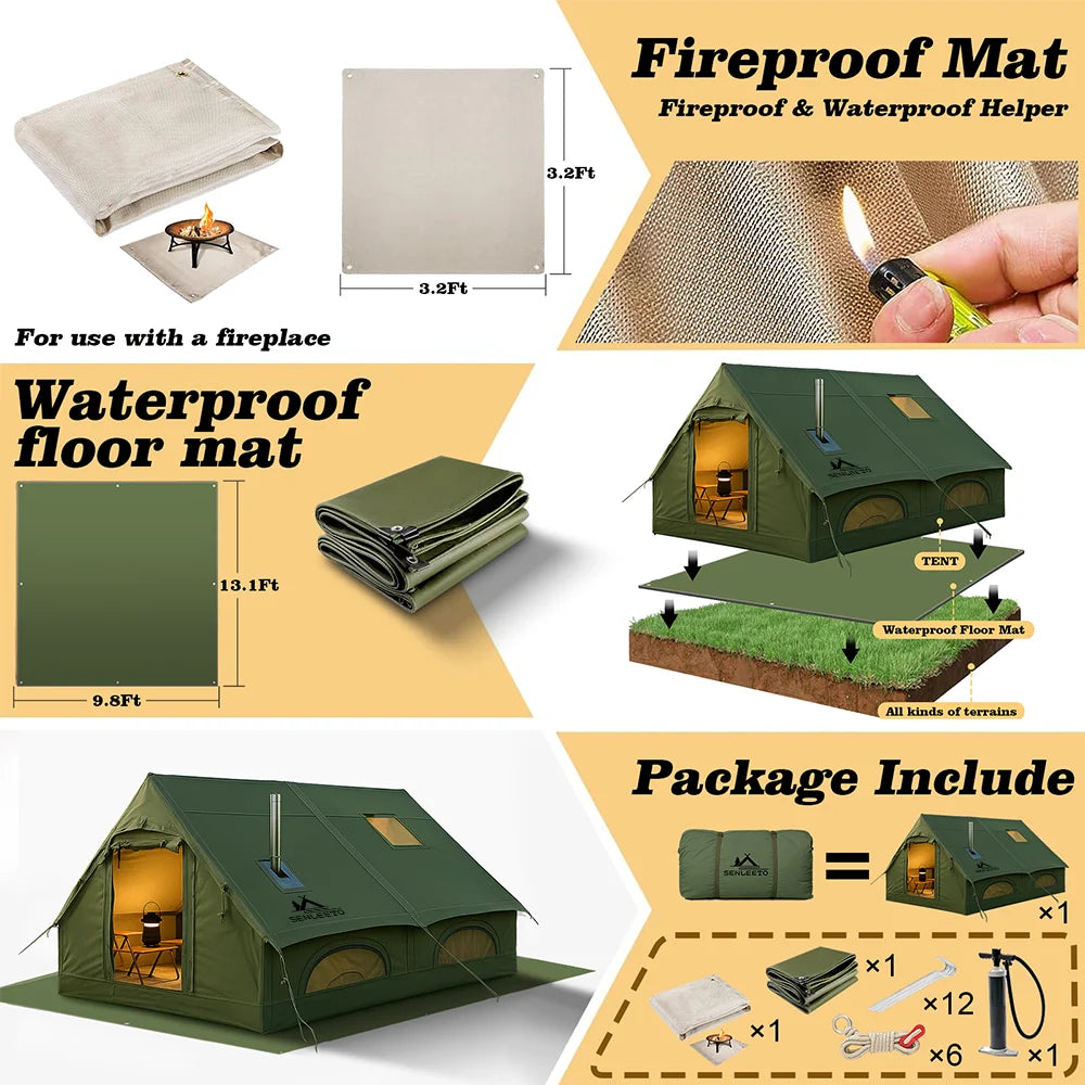 129 SqFt² Army Green Inflatable Camping Tent with Canopy,4 Season Air Tent with Tent Tarp & Moisture Proof Pad & Fire Blanket