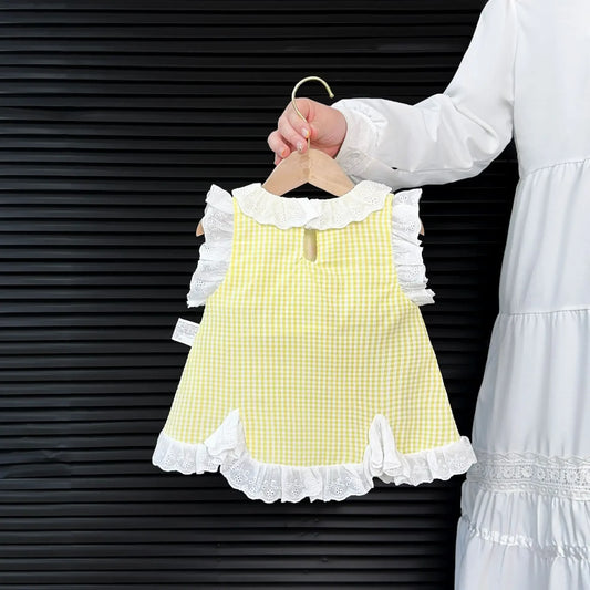 0-24M Baby Girl Summer Romper Dress Cotton Cartoon Duck Embroidery Lace Gingham Princess Sleeveless Sweet Baby Clothes