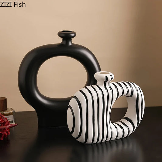 Zebra Stripes Ceramic Vase Artificial Flower Decorative Flowers Pots Desk Decoration Modern Floral Vases Room Aesthetic Decor