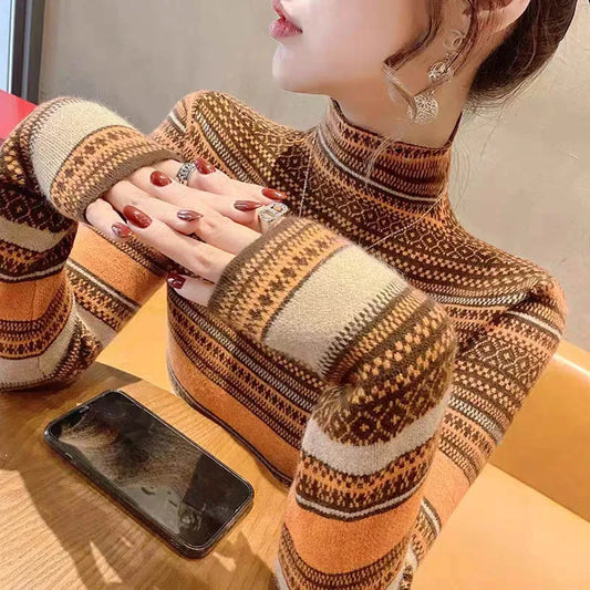 Women's Clothing Vintage Fashion Half High Collar Slim Sweaters Autumn Winter Elegant Chic Striped Knit Pullovers All-match Tops