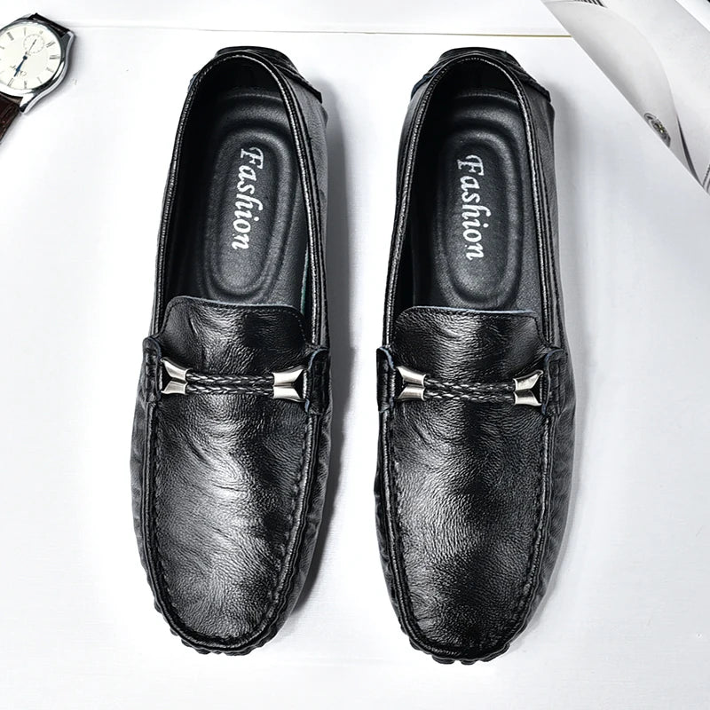 Genuine Leather Mens Loafers Fashion Slip on Soft Flats Simple Moccasin Comfy Handmade Man Driving Footwear Non-Slip Boat Shoes