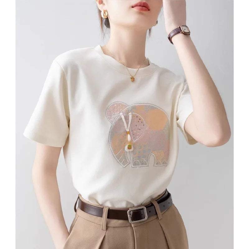 Women Clothing Fashion Cartoon Embroidery Pure Cotton T-Shirt Summer Vintage Loose O-neck Elegant Short Sleeve Tops