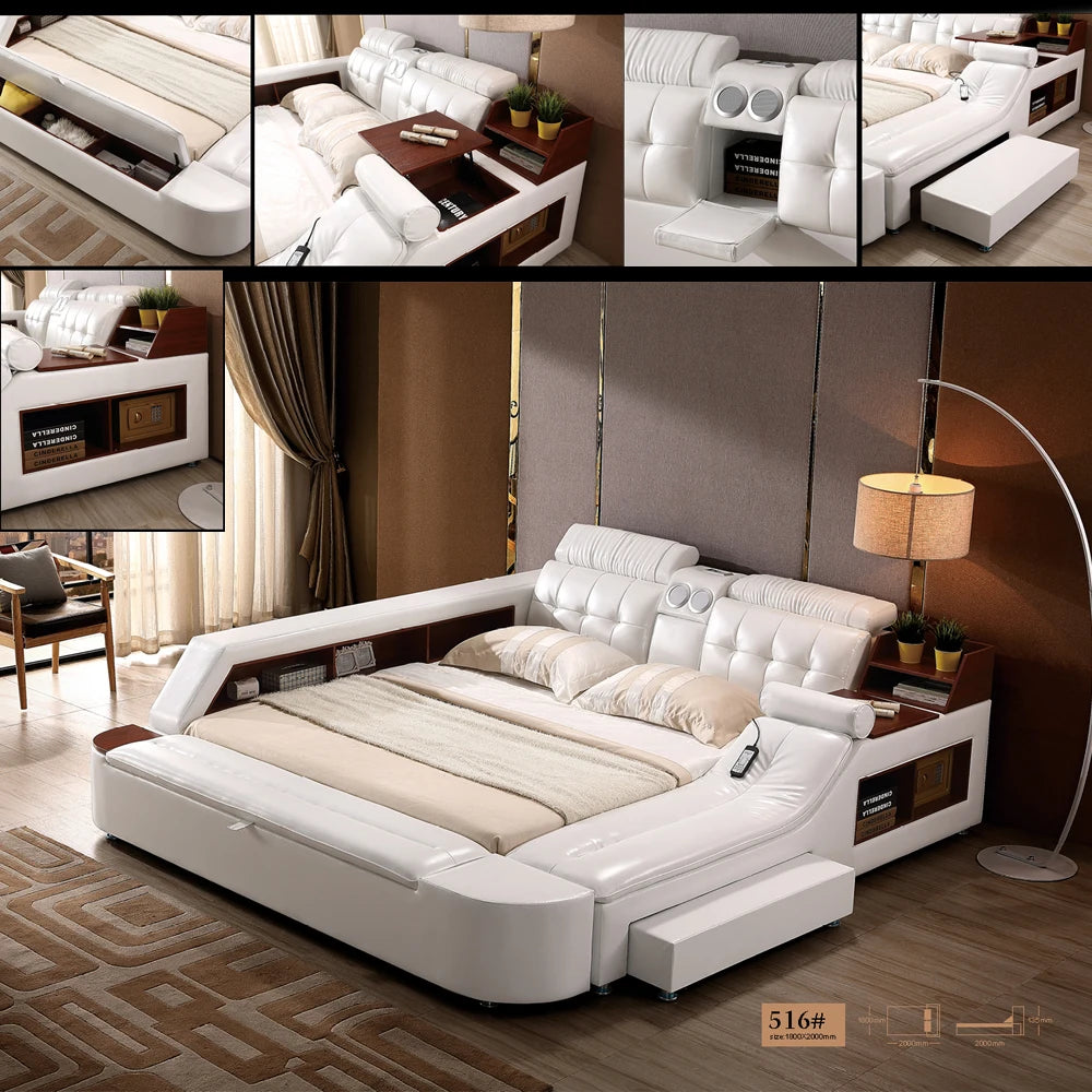 Linlamlim Tech Smart Multifunctional Bed Frame with Genuine Leather, Bluetooth Speaker, and Massage | Ultimate Soft Tatami Lit