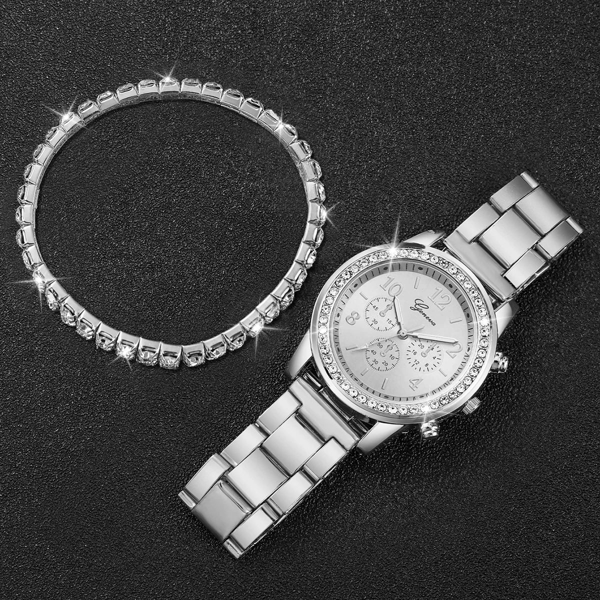 Fashion Women Stainless Steel  Silver Color Quartz Watch with Diamond Bracelet