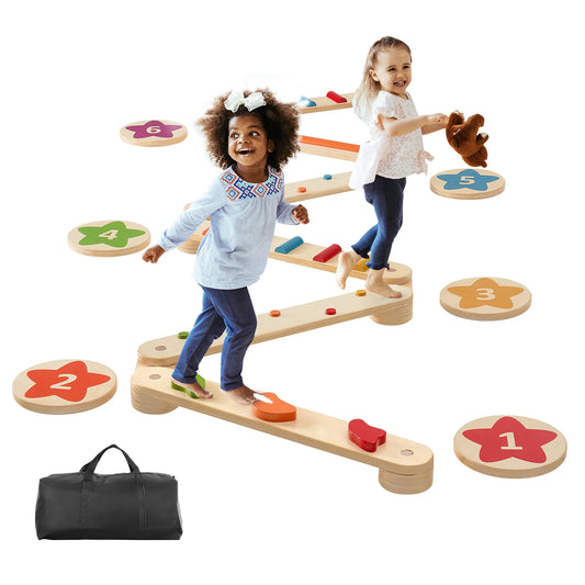SucceBuy 6 PCS Balance Beam Stepping Stones Indoor Outdoor Wooden Toddler Balance Boards for Kids 2-6 Children Montessori Toy